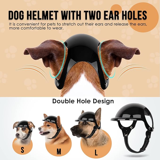 SlowTon Dog Helmet and Goggles - UV Protection Doggy Sunglasses Dog Glasses Pet Motorcycle Helmet Hat with Ear Holes Adjustable Belt Safety Hat for Small Medium Large Dogs Puppy Riding (Black, M)