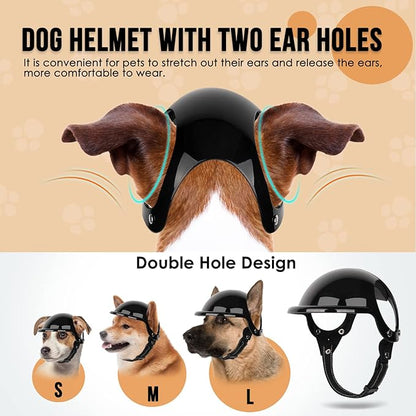 SlowTon Dog Helmet and Goggles - UV Protection Doggy Sunglasses Dog Glasses Pet Motorcycle Helmet Hat with Ear Holes Adjustable Belt Safety Hat for Small Medium Large Dogs Puppy Riding (Black, M)