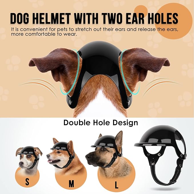 SlowTon Dog Helmet and Goggles - UV Protection Doggy Sunglasses Dog Glasses Pet Motorcycle Helmet Hat with Ear Holes Adjustable Belt Safety Hat for Small Medium Large Dogs Puppy Riding (Black, S)