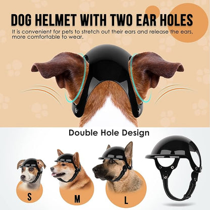 SlowTon Dog Helmet and Goggles - UV Protection Doggy Sunglasses Dog Glasses Pet Motorcycle Helmet Hat with Ear Holes Adjustable Belt Safety Hat for Small Medium Large Dogs Puppy Riding (Black, S)