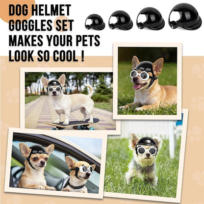 SlowTon Dog Helmet and Goggles - UV Protection Doggy Sunglasses Dog Glasses Pet Motorcycle Helmet Hat with Ear Holes Adjustable Belt Safety Hat for Small Medium Large Dogs Puppy Riding (Black, XS)