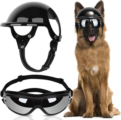 SlowTon Dog Helmet and Goggles - UV Protection Doggy Sunglasses Dog Glasses Pet Motorcycle Helmet Hat with Ear Holes Adjustable Belt Safety Hat for Small Medium Large Dogs Puppy Riding (Black, L)