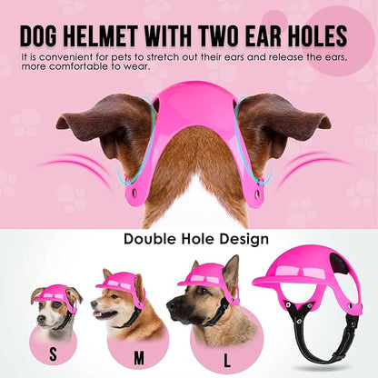 SlowTon Dog Helmet and Goggles - UV Protection Doggy Sunglasses Dog Glasses Pet Motorcycle Helmet Hat with Ear Holes Adjustable Belt Safety Hat for Small Medium Large Dogs Puppy Riding (Pink, M)