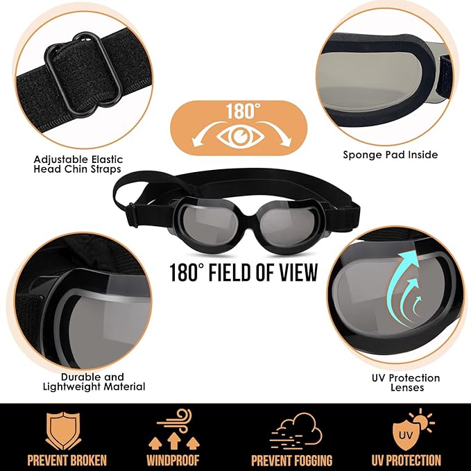SlowTon Dog Helmet and Goggles - UV Protection Doggy Sunglasses Dog Glasses Pet Motorcycle Helmet Hat with Ear Holes Adjustable Belt Safety Hat for Small Medium Large Dogs Puppy Riding (Black, S)