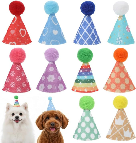 Tucnoeu 10pcs Colorful Mini Party Hats, Cute Dog Party Hats with Pom Poms for Kittens Rabbits Dogs and Stuffed Animals