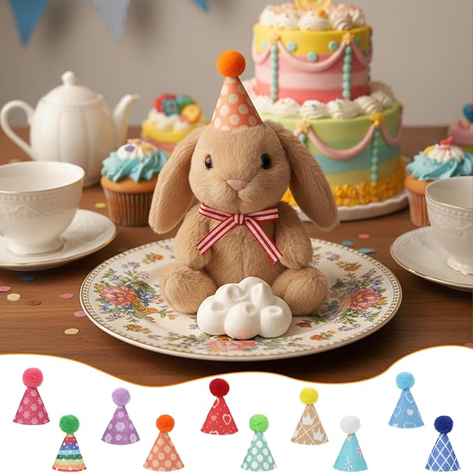Tucnoeu 10pcs Colorful Mini Party Hats, Cute Dog Party Hats with Pom Poms for Kittens Rabbits Dogs and Stuffed Animals