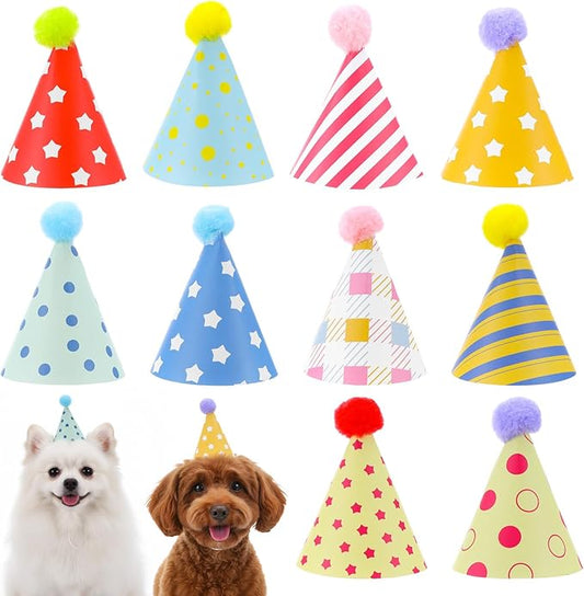 Tucnoeu 10pcs Colorful Mini Party Hats, Cute Dog Party Hats with Pom Poms for Kittens Rabbits Dogs and Stuffed Animals