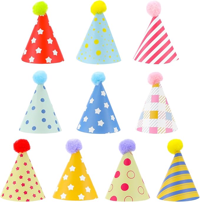 Tucnoeu 10pcs Colorful Mini Party Hats, Cute Dog Party Hats with Pom Poms for Kittens Rabbits Dogs and Stuffed Animals