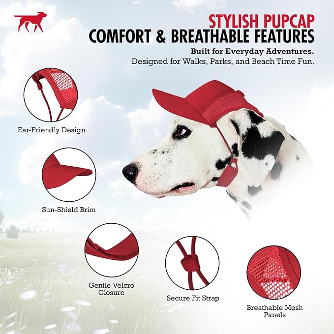 Tuff Pupper Dog Baseball Cap | UV Protection Dog Sun Hat | Breathable Lightweight Design | Secure Adjustable Chin Strap | Quick-Dry Fabric | Reinforced Brim | Small Medium Large Dogs (Red, XL)
