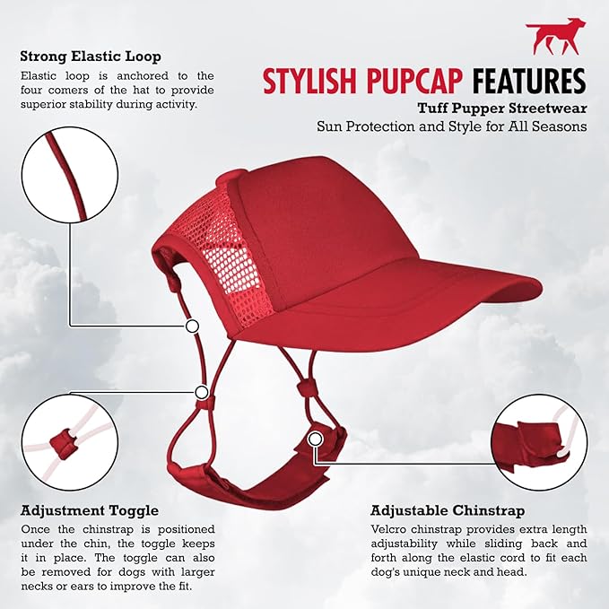 Tuff Pupper Dog Baseball Cap | UV Protection Dog Sun Hat | Breathable Lightweight Design | Secure Adjustable Chin Strap | Quick-Dry Fabric | Reinforced Brim | Small Medium Large Dogs (Red, XL)
