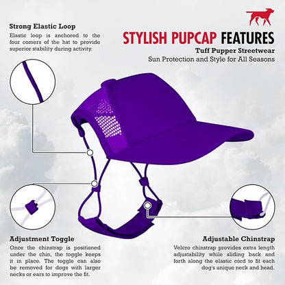 Tuff Pupper Dog Baseball Cap | UV Protection Dog Sun Hat | Breathable Lightweight Design | Secure Adjustable Chin Strap | Quick-Dry Fabric | Reinforced Brim | Small Medium Large Dogs (Purple, L)