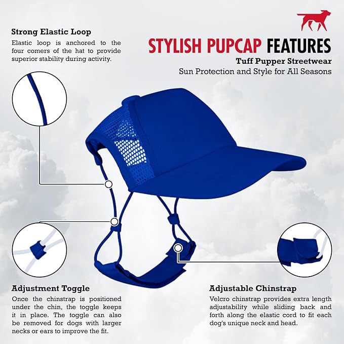 Tuff Pupper Dog Baseball Cap | UV Protection Dog Sun Hat | Breathable Lightweight Design | Secure Adjustable Chin Strap | Quick-Dry Fabric | Reinforced Brim | Small Medium Large Dogs (Blue, XL)