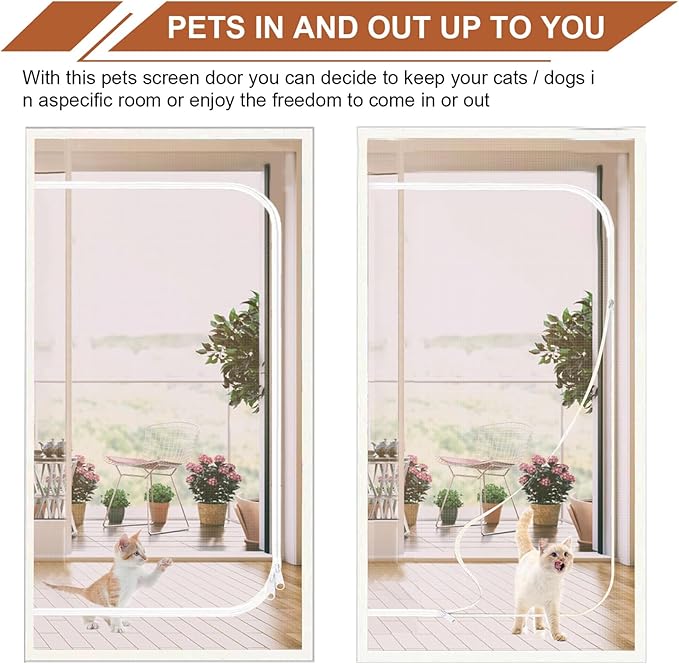 Upgraded Reinforced Cat Screen Door Fits Door Size 30''x 80'', Heavy Duty Pets Proof Screen Mesh with Zipper, Prevent Dogs Cats Running Out from Home (White)