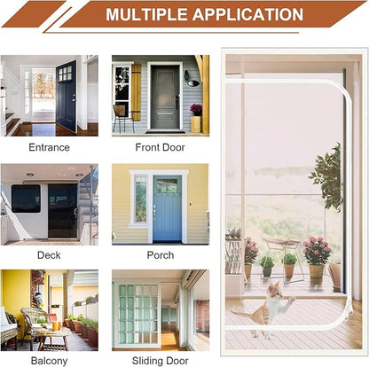 Upgraded Reinforced Cat Screen Door Fits Door Size 30''x 80'', Heavy Duty Pets Proof Screen Mesh with Zipper, Prevent Dogs Cats Running Out from Home (White)