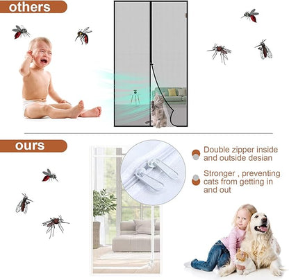 Upgraded Reinforced Cat Screen Door Fits Door Size 30''x 80'', Heavy Duty Pets Proof Screen Mesh with Zipper, Prevent Dogs Cats Running Out from Home (White)