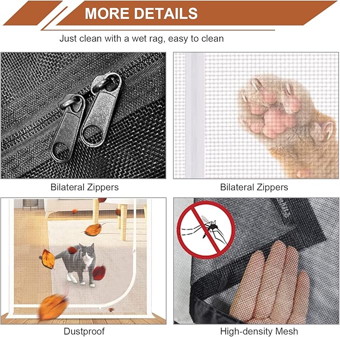 Upgraded Reinforced Pet Screen Door Thickened Cat Resistant Mesh Screen Door for Living Room, Bedroom, Patio, Dog Cat Scratch Proof Screen with Zipper Closure (Fits Door Size up to 35''x 80'', Black)