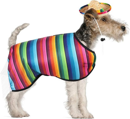 Weewooday Dog Sombrero Hat Pet Serape Poncho Costume Dog Multicolor Adjustable Mexican Straw Hat Chihuahua Clothes(Medium)