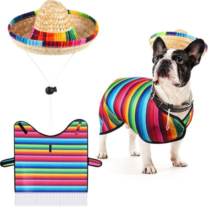 Weewooday Dog Sombrero Hat Pet Serape Poncho Costume Dog Multicolor Adjustable Mexican Straw Hat Chihuahua Clothes(Medium)
