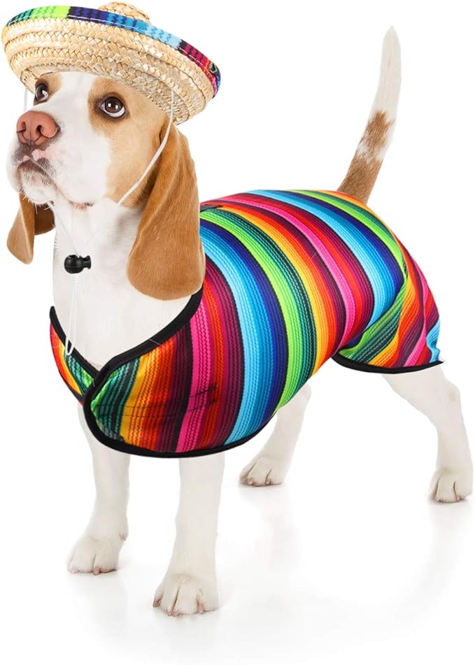 Weewooday Dog Sombrero Hat Pet Serape Poncho Costume Dog Multicolor Adjustable Mexican Straw Hat Chihuahua Clothes(Medium)