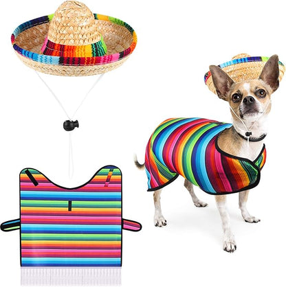 Weewooday Dog Sombrero Hat Pet Serape Poncho Costume Dog Multicolor Adjustable Mexican Straw Hat Chihuahua Clothes(Small)