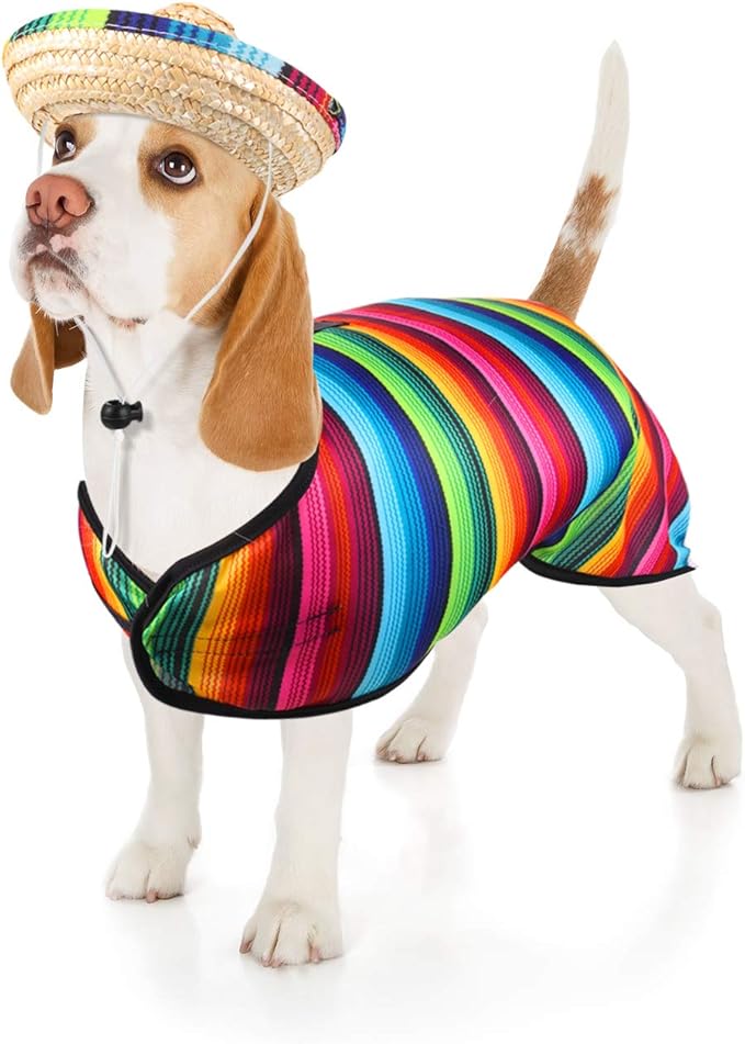Weewooday Dog Sombrero Hat Pet Serape Poncho Costume Dog Multicolor Adjustable Mexican Straw Hat Chihuahua Clothes(Small)