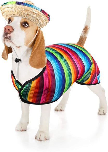 Weewooday Dog Sombrero Hat Pet Serape Poncho Costume Dog Multicolor Adjustable Mexican Straw Hat Chihuahua Clothes(Small)