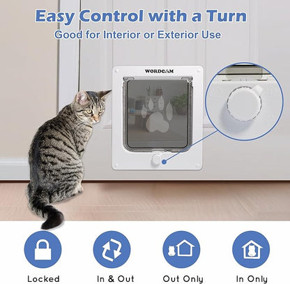 Wordcam Large Cat Door(Outer Size 10.7'' x 9.5''), Robust Cat Door for Interior Exterior Doors, Cat Flap Door with 4 Way Lock, Pet Door for Cats Kitty Kittens Doggies (White, L)