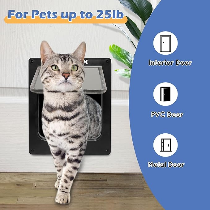 Wordcam X-Large Cat Door, Strong Cat Door for Interior Exterior Doors, 4 Way Locking Pet Door for Cats Up to 25lbs, Cat Flap for Kitten Doggies, Easy Installation, Weatherproof (Black)
