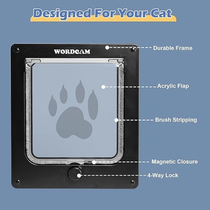 Wordcam X-Large Cat Door, Strong Cat Door for Interior Exterior Doors, 4 Way Locking Pet Door for Cats Up to 25lbs, Cat Flap for Kitten Doggies, Easy Installation, Weatherproof (Black)