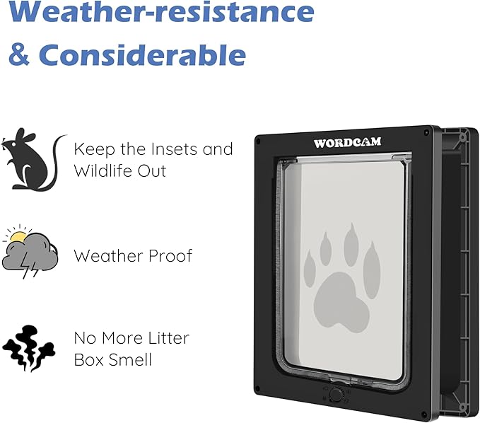 Wordcam X-Large Cat Door, Strong Cat Door for Interior Exterior Doors, 4 Way Locking Pet Door for Cats Up to 25lbs, Cat Flap for Kitten Doggies, Easy Installation, Weatherproof (Black)