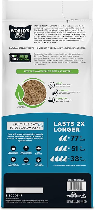 WORLD'S BEST CAT LITTER Multiple Cat Lotus Blossom Scented 32-Pounds - Natural Ingredients, Quick Clumping, Flushable, 99% Dust Free & Made in USA - Floral Fragrance & Long-Lasting Odor Control